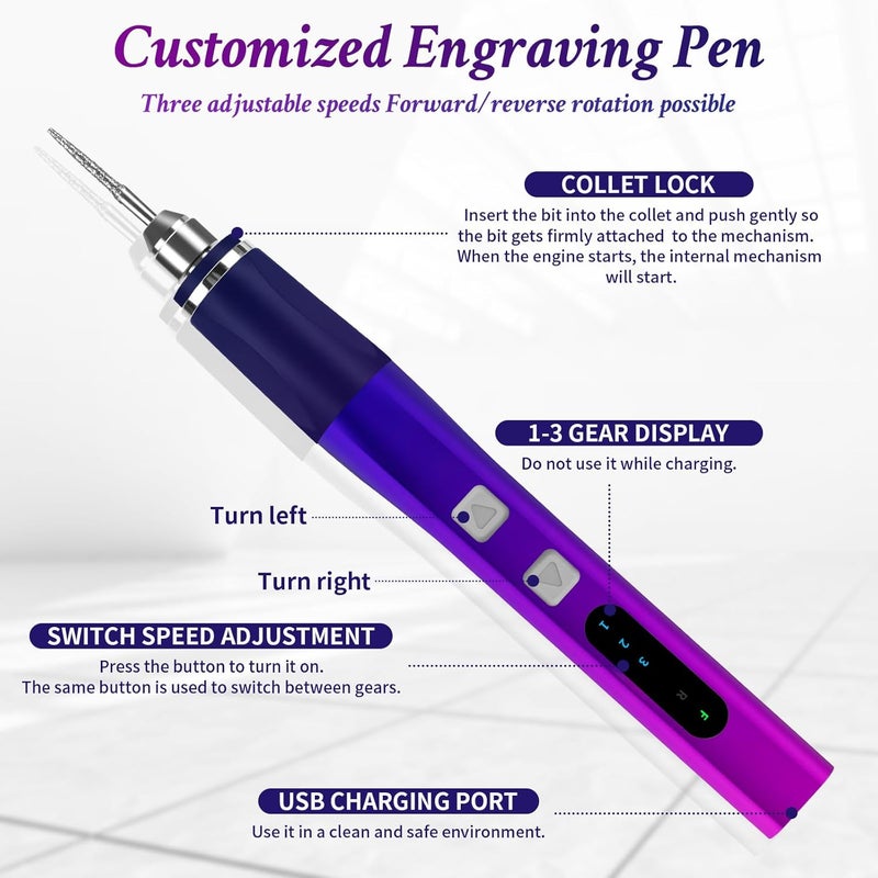 Kaibced [Dual-Directional Rotation] Electric Engraving Pen, Ultimate Cordless Engraving Pen for Artists & DIYers - Engrave 60+ Surfaces - Beginner Friendly- 30 Bits & Mastery Guide - Image 3